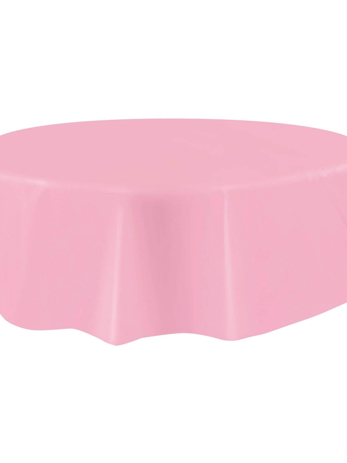 Plano aproximado da queda da toalha de mesa redonda em plástico descartável para festa cor de rosa claro