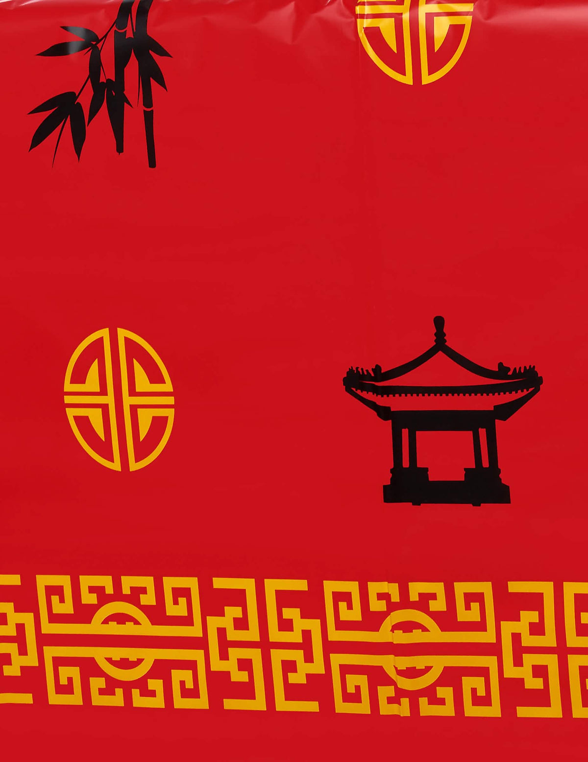 Detalhe dos estampados pagode e bambu da toalha de mesa de plástico asia