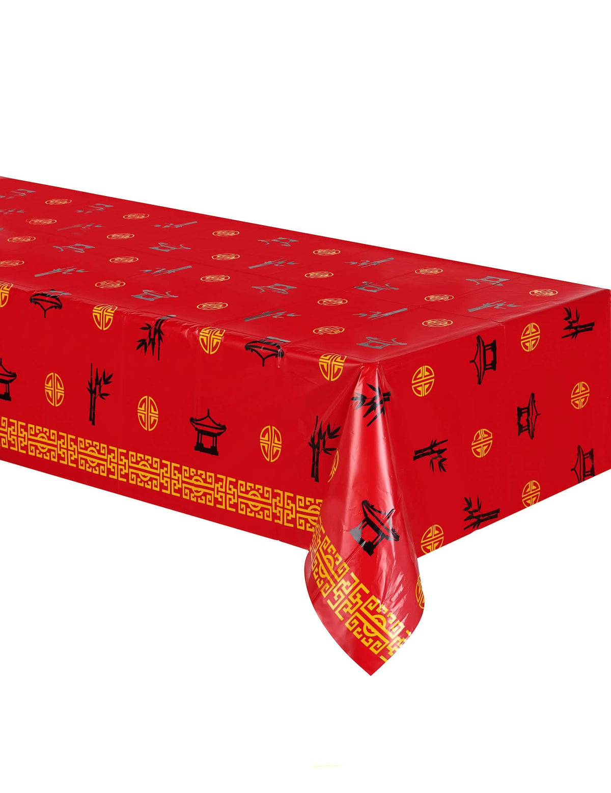 Toalha de mesa de plástico asia vermelho com motivos dourados e pretos