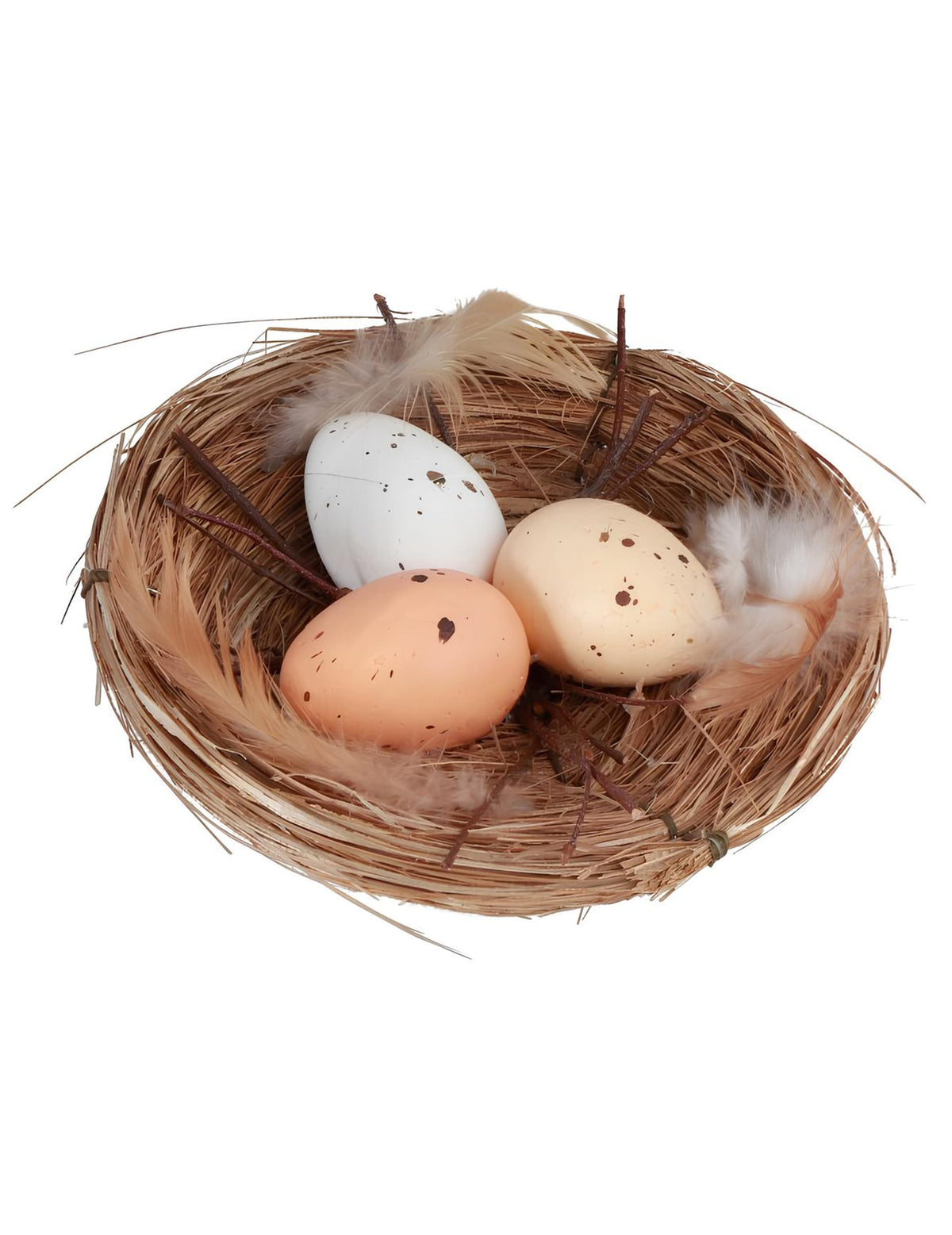 Nid naturel avec 3 œufs de Pâques pour décoration marron et beige avec plumes