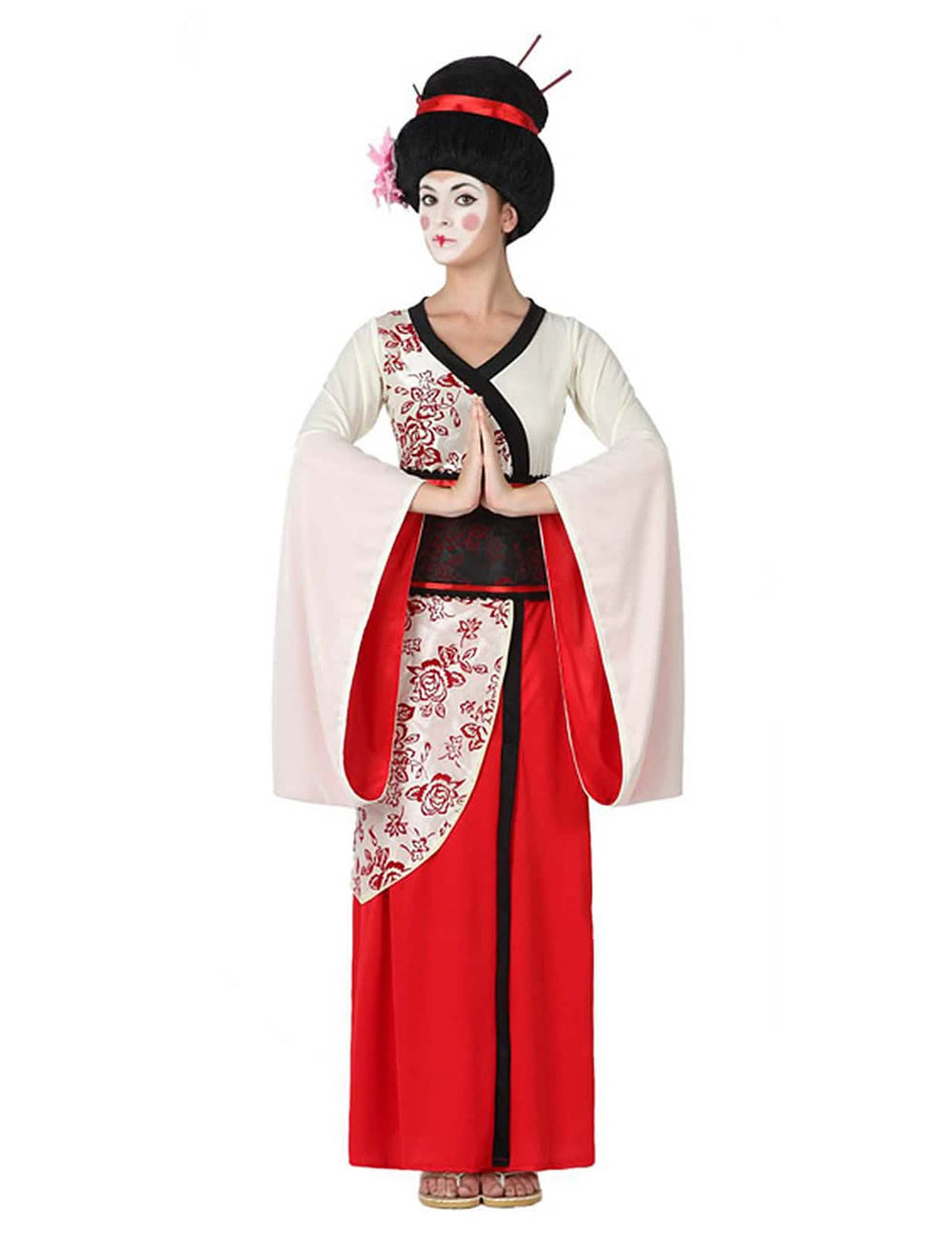 Fato de geisha para mulher vermelho e branco com motivos florais