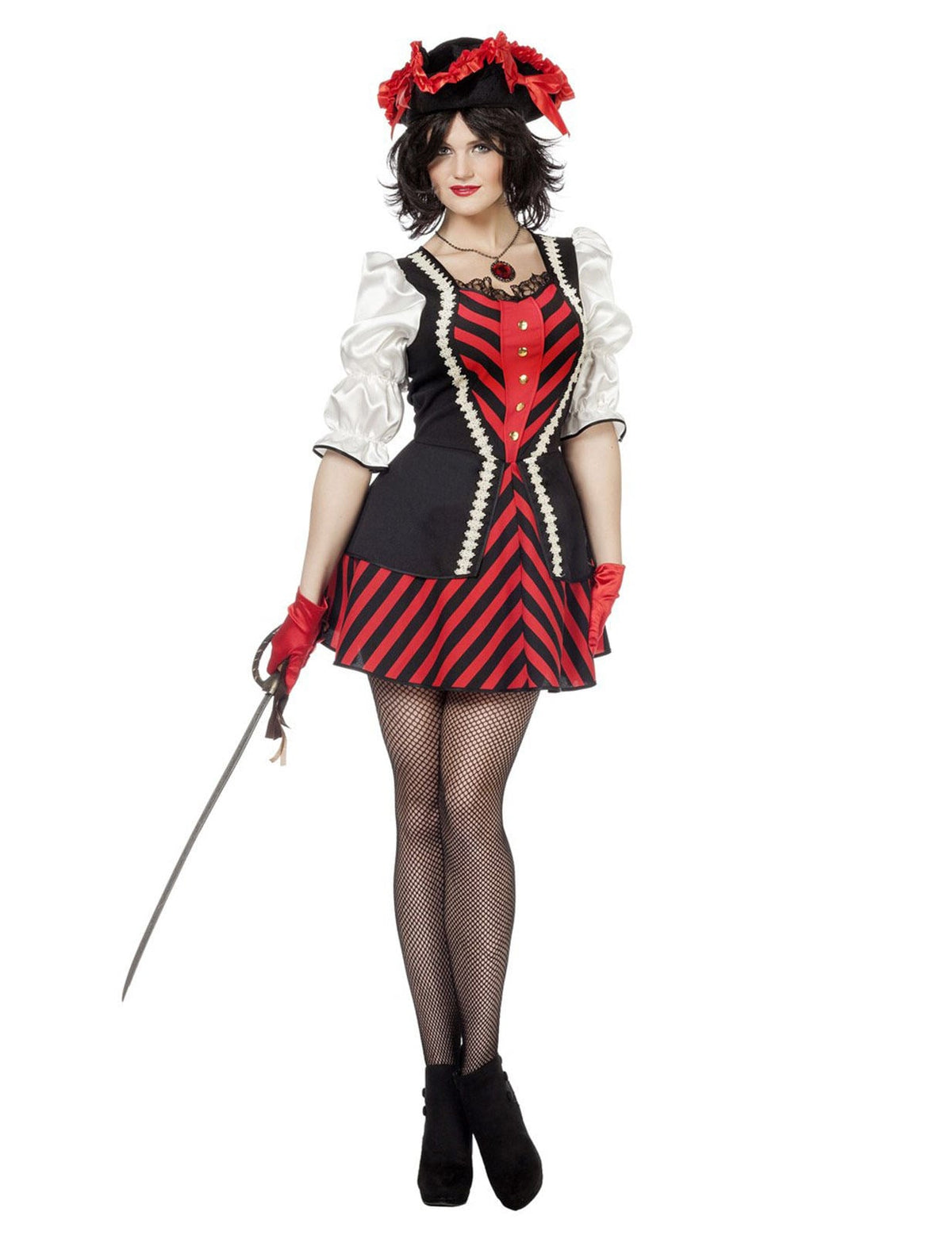 Déguisement robe pirate pour femme rouge et noir à rayures avec chapeau