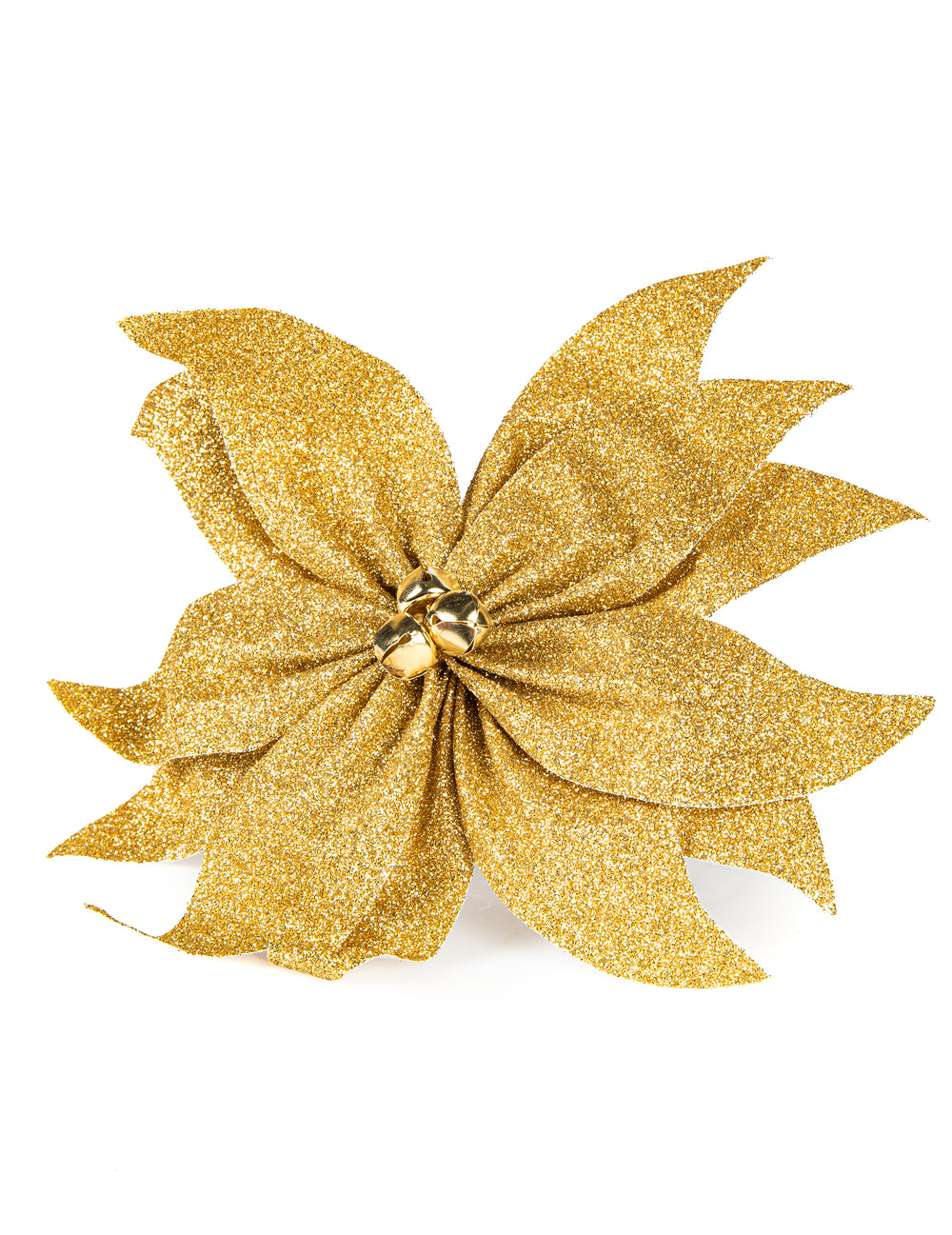 Vue de face du nœud de poinsettia avec grelots pour table pailleté doré
