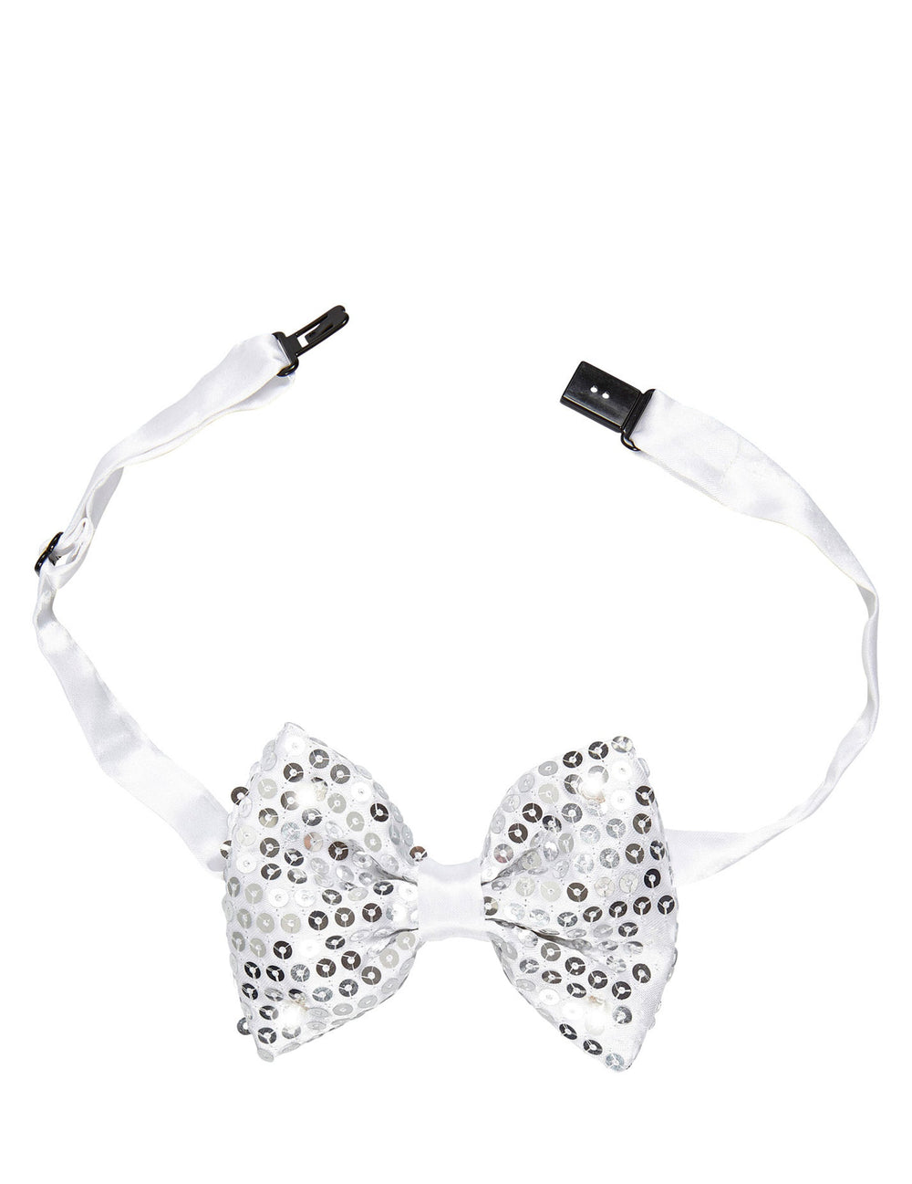 Détail du système d'attache du noeud papillon avec sequins et LED clignotantes