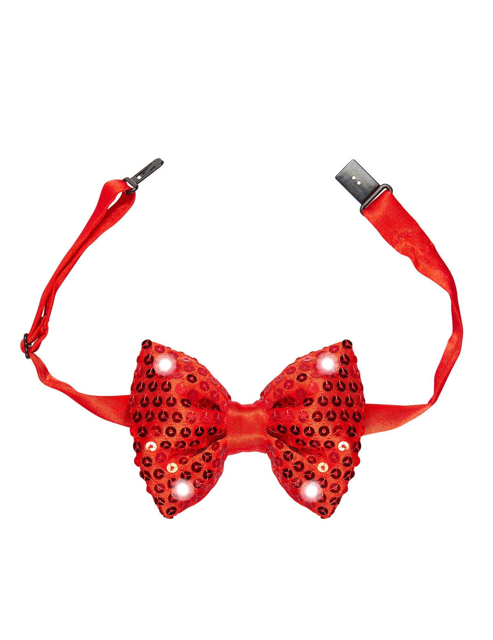 Detalhe do sistema de fixação do laços papillon com lantejoulas e LED intermitentes para adulto