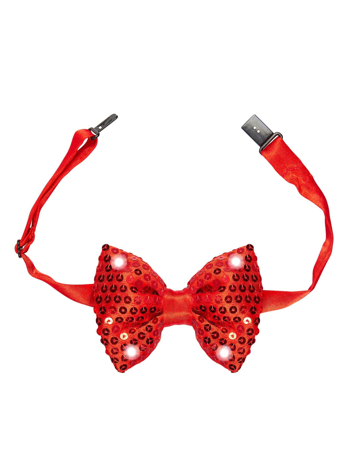 Detalhe do sistema de fixação do laços papillon com lantejoulas e LED intermitentes para adulto