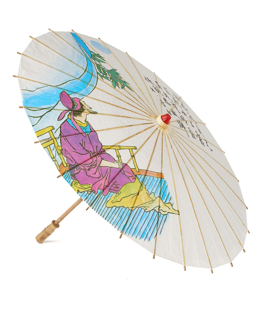 Sombrinha chinesa para adulto branca com ilustração tradicional e caligrafia