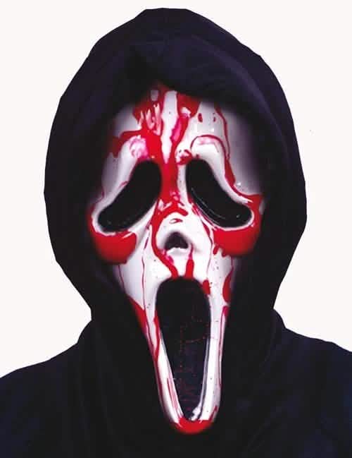 Máscara sangrenta Scream para adulto branco com marcas de sangue vermelhas e capuz preto