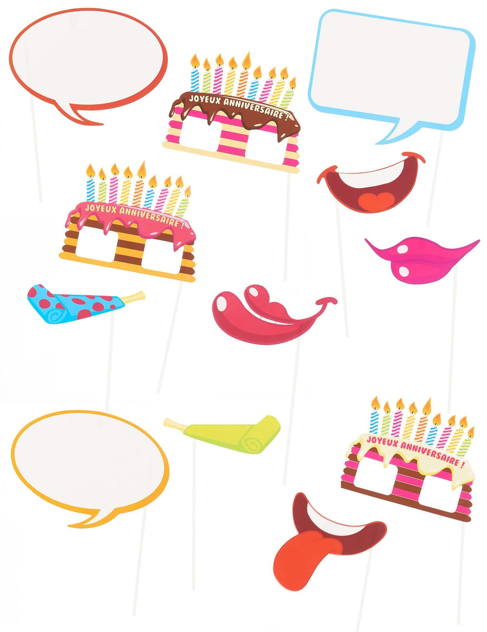 Pack photobooth anniversaire pour fête multicolore avec bulles et gâteaux