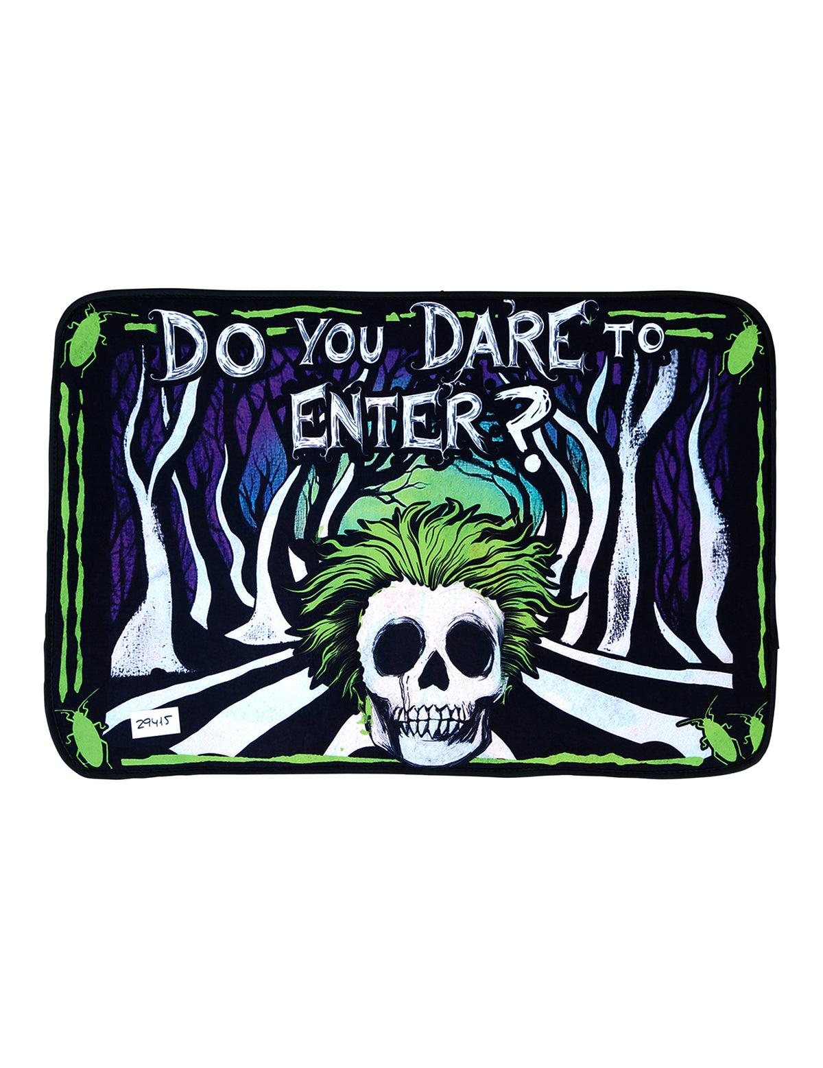 Paillasson crâne pour Halloween noir et vert avec texte Do you dare to enter