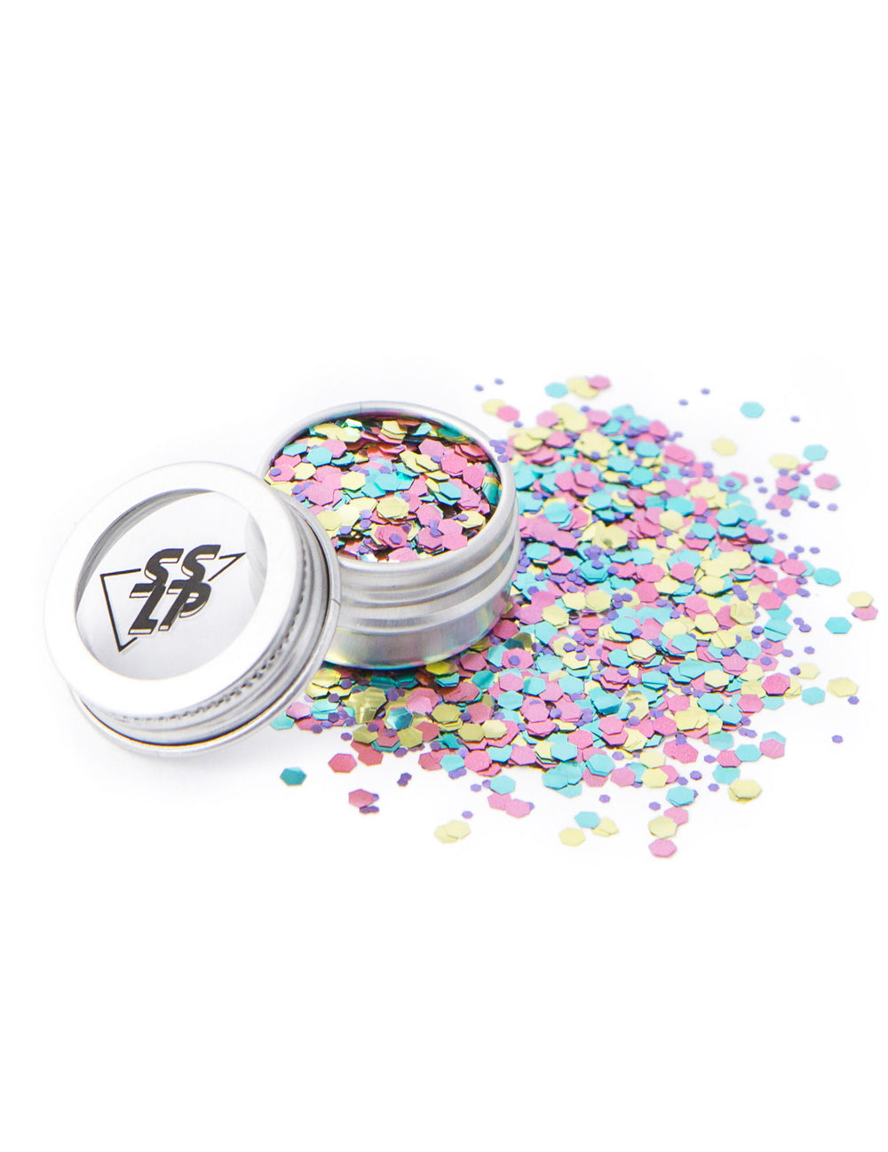 Pot ouvert et grains des paillettes biodégradables Bang Bang
