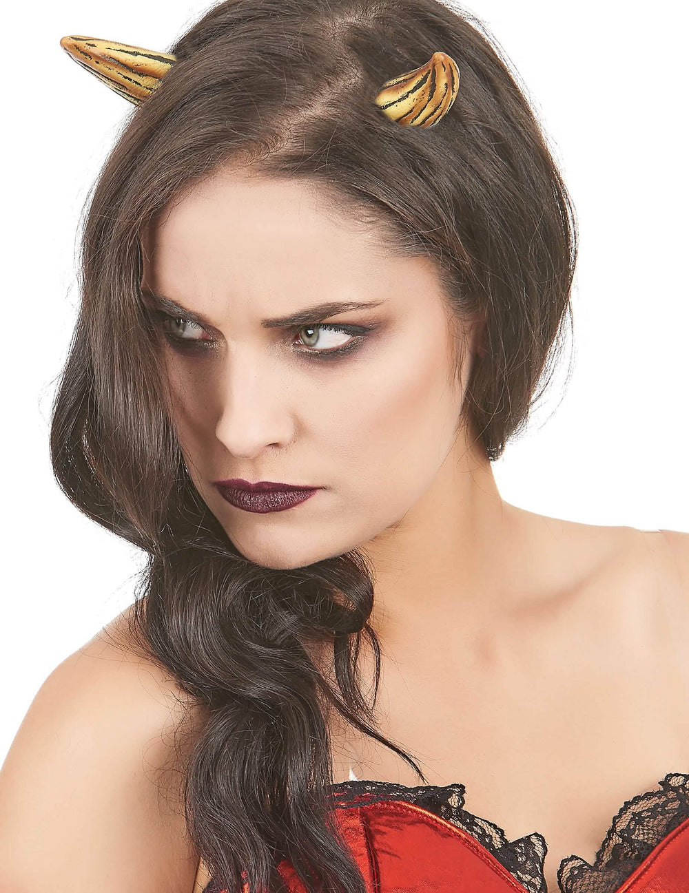Par de cornos de diabo em látex para adulto amarelo e preto luxo