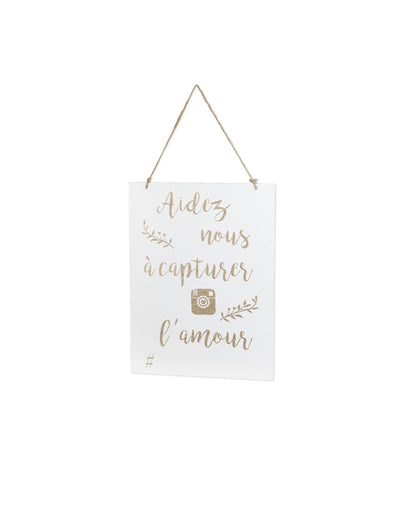 Pancarte en bois aidez nous à capturer l'amour pour mariage blanc et doré