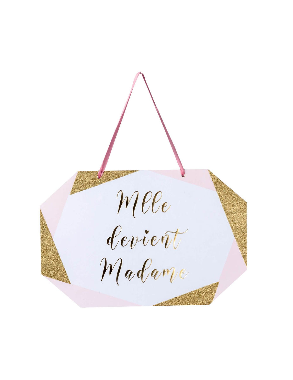 Placard em cartão Mlle torna-se Madame para casamento cor de rosa branco e dourado