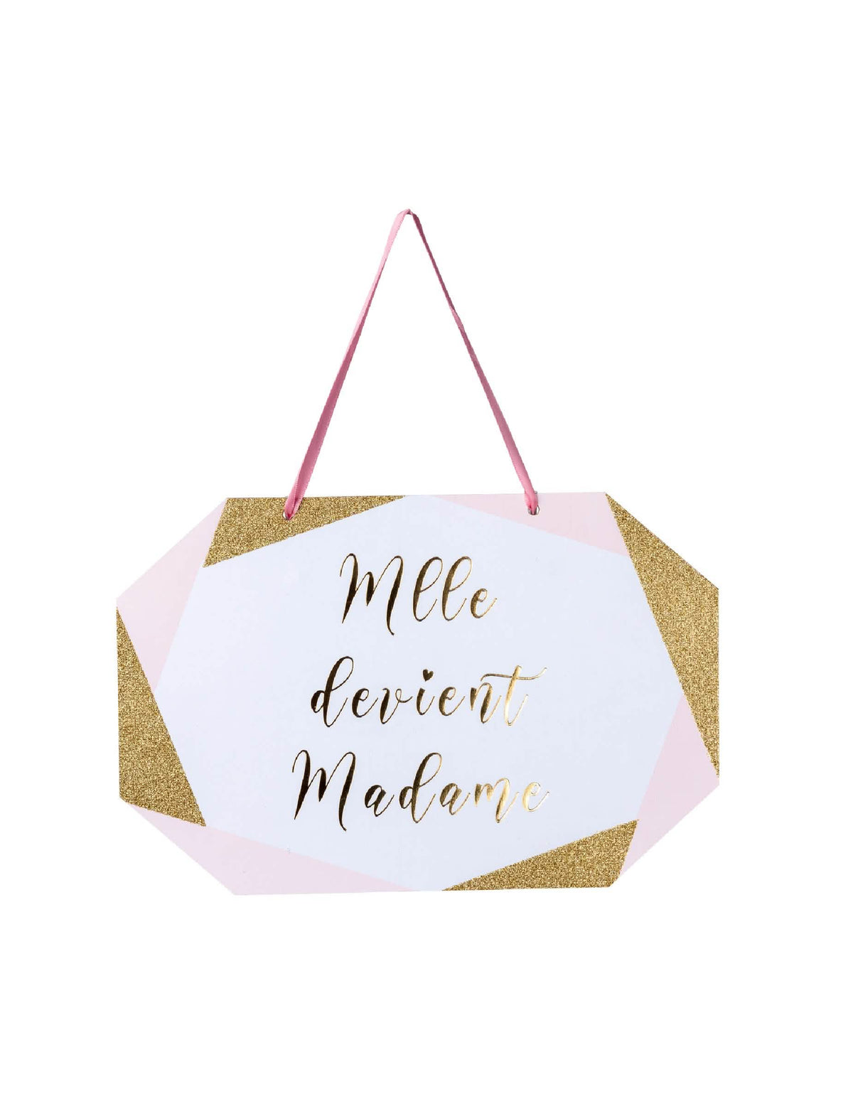 Placard em cartão Mlle torna-se Madame para casamento cor de rosa branco e dourado