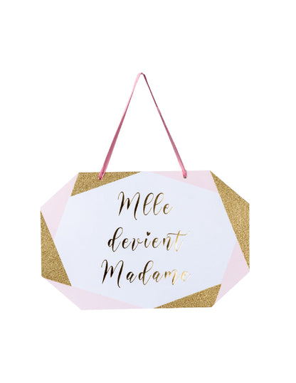 Pancarte en carton Mlle devient Madame pour mariage rose blanc et doré