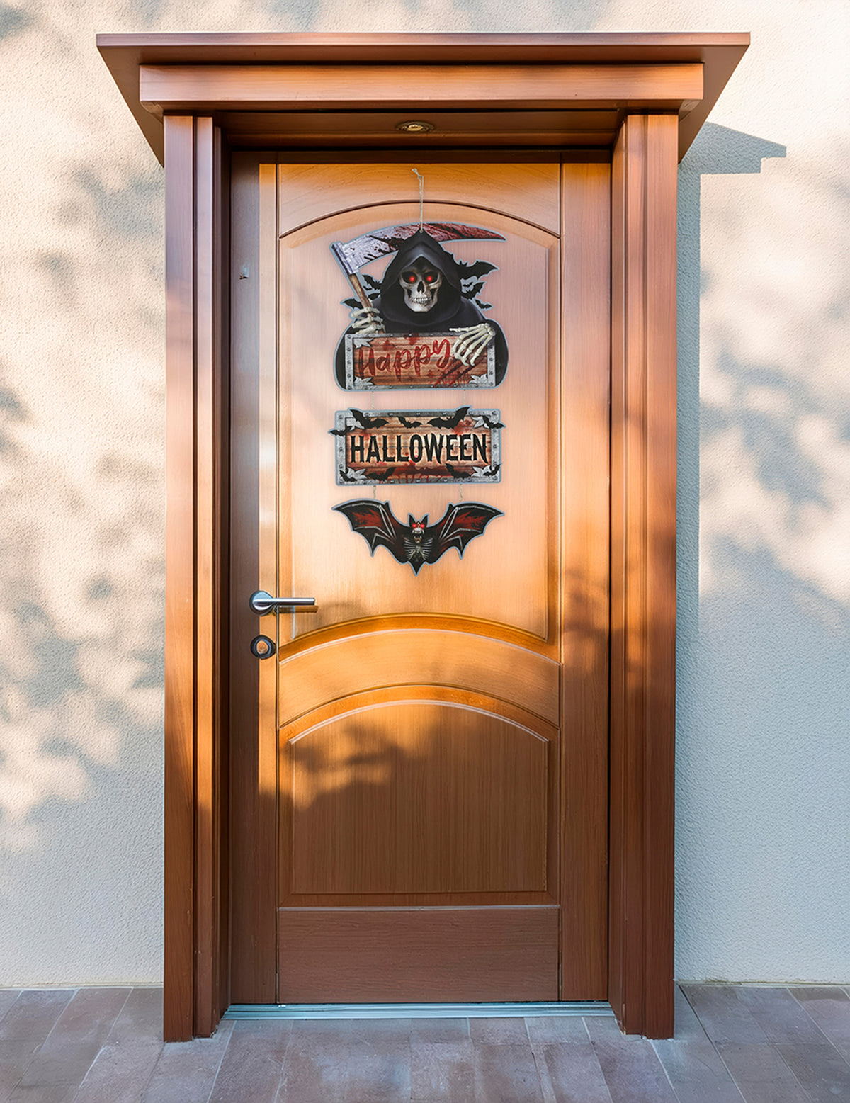 Pancarte Happy Halloween faucheuse en bois marron et noir