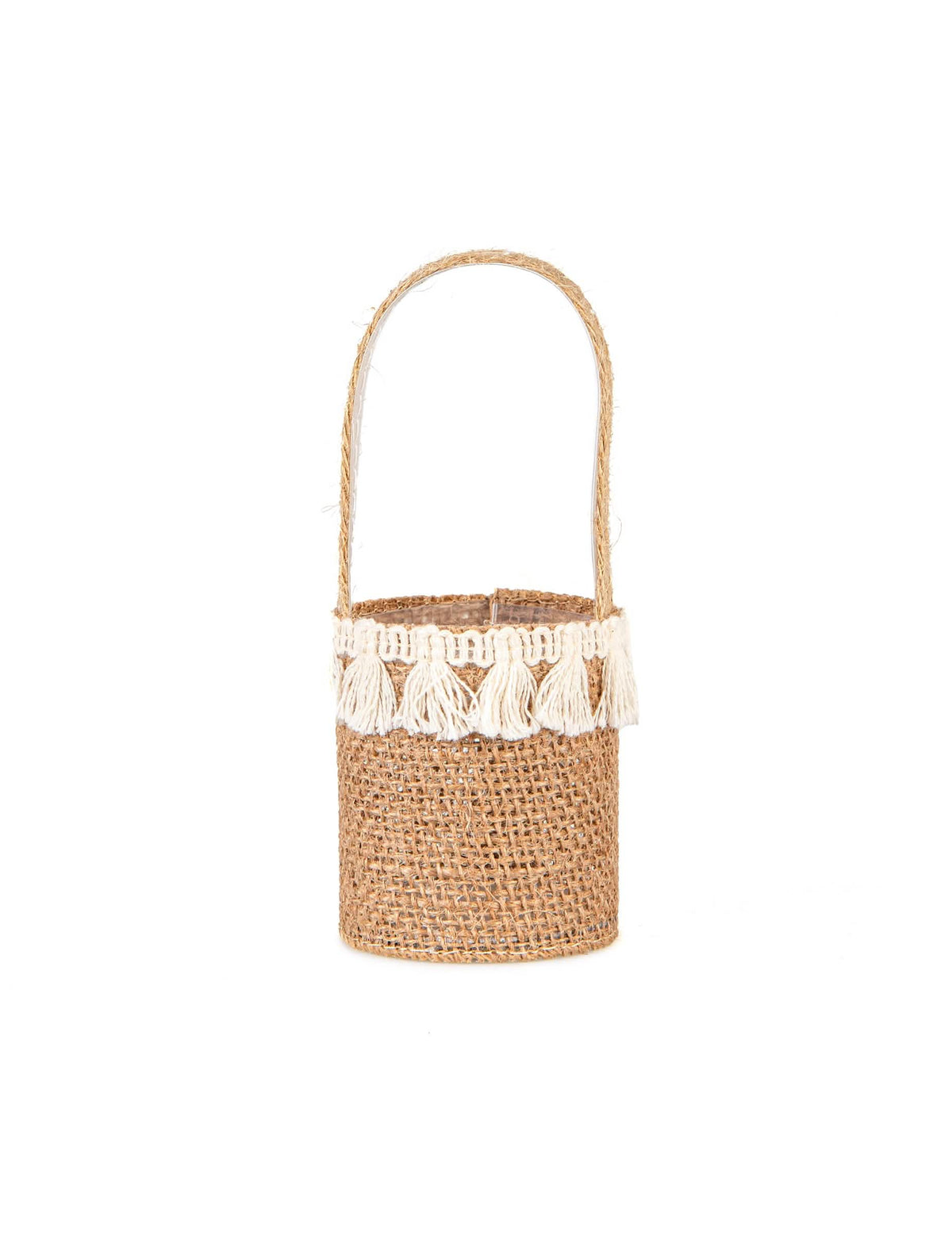 Cesto de arame de juta campestre para decoração com pompons brancos