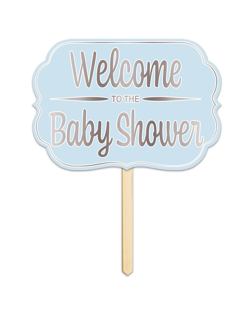 Panneau en carton Welcome to the baby shower bleu avec tige en bois