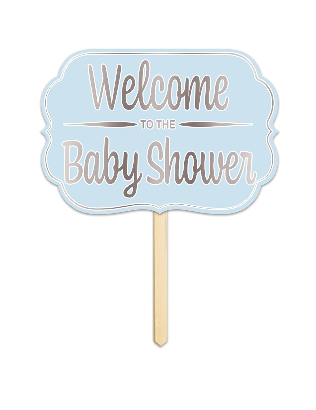 Panneau en carton Welcome to the baby shower bleu avec tige en bois