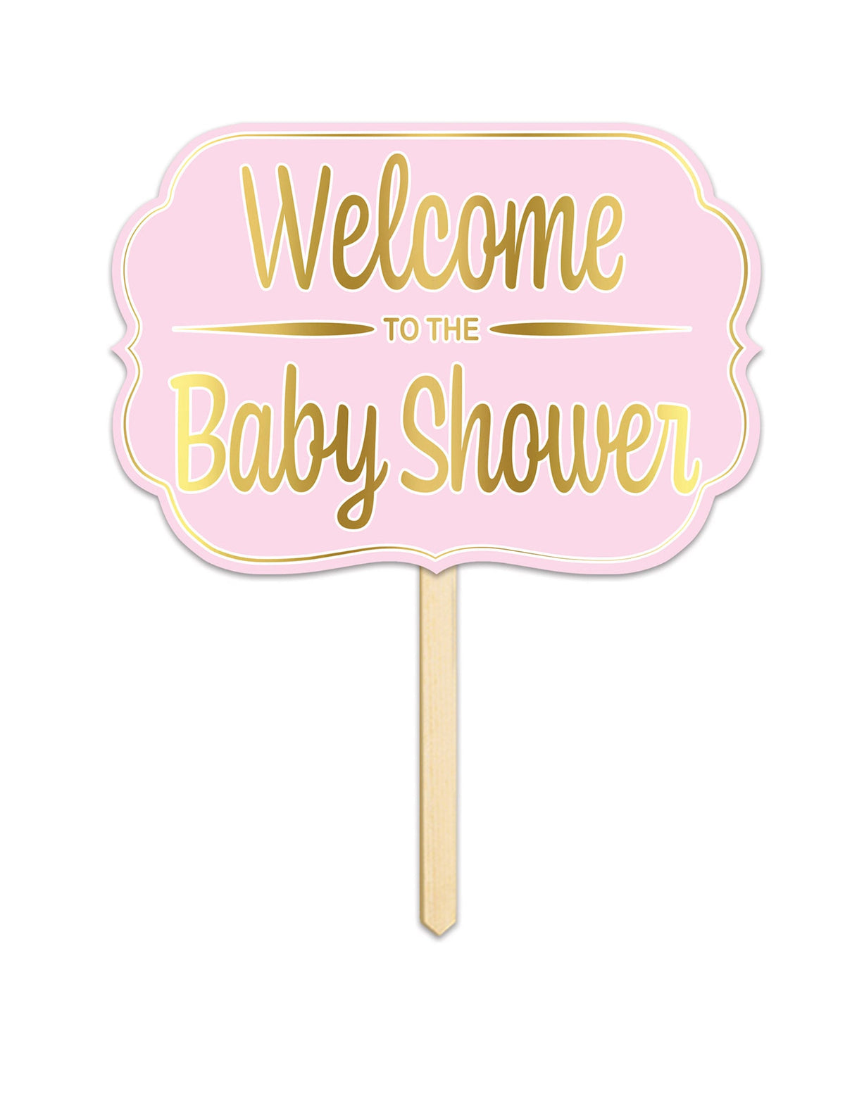 Panneau en carton Welcome to the baby shower pour fête rose et doré avec tige en bois