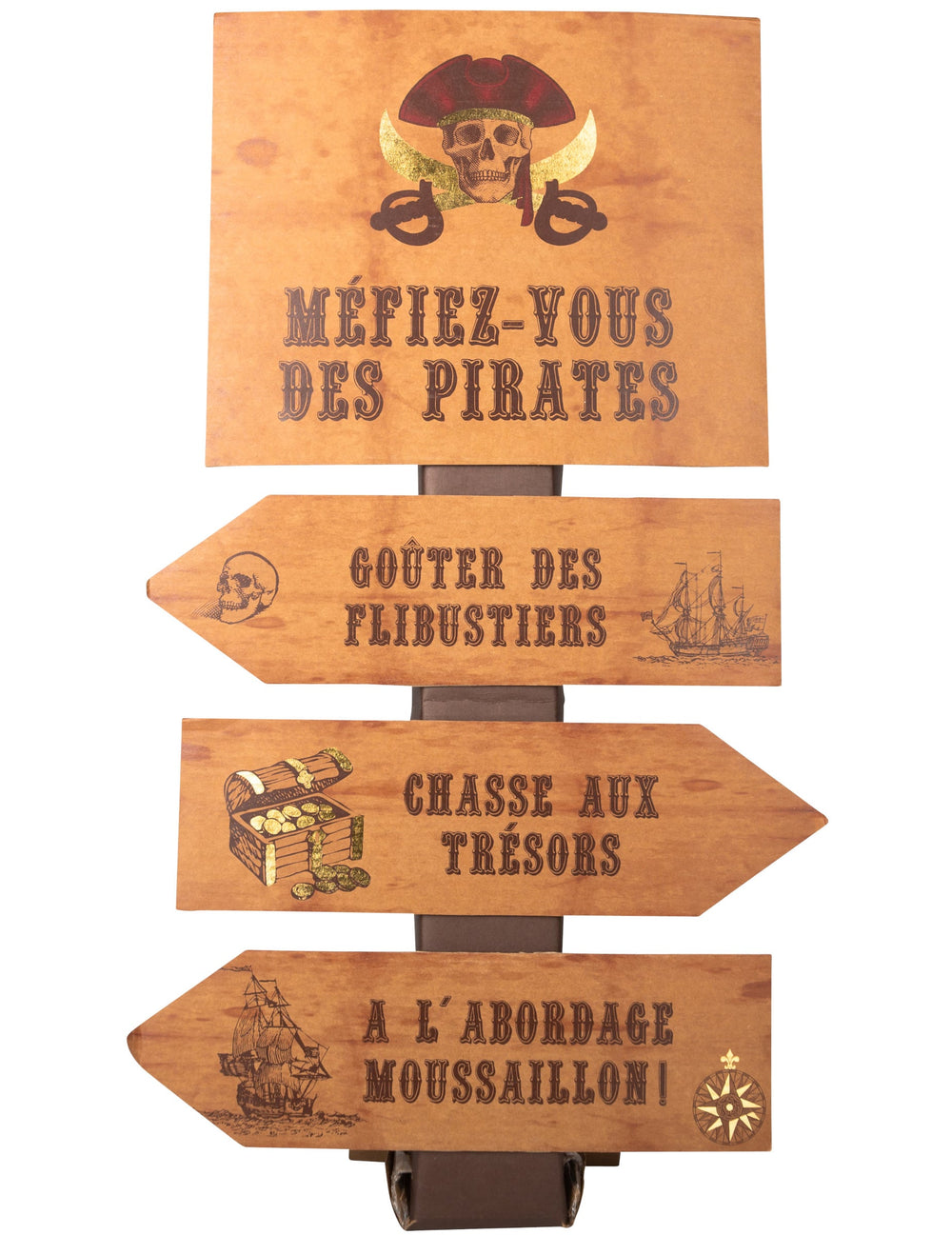 Panneau flèches directionnelles pirate pour fête marron kraft avec tête de mort et bateau pirate
