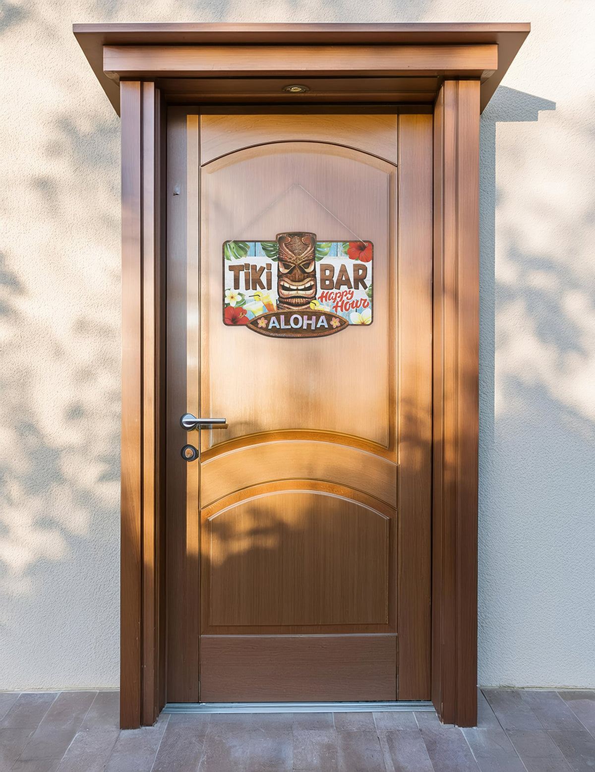 Mise en situation sur une porte du panneau tiki bar Aloha