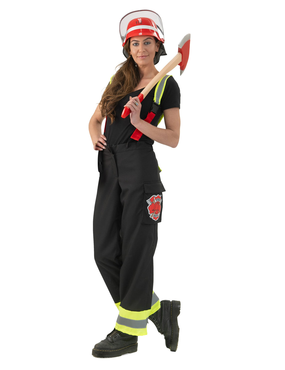 Calças de bombeiro pretas com suspensórios mulher