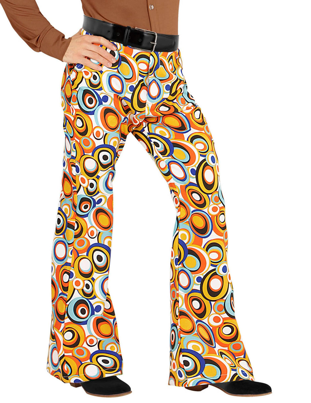 Calças groovy bubbles anos 70 para homem multicores com motivos de círculos