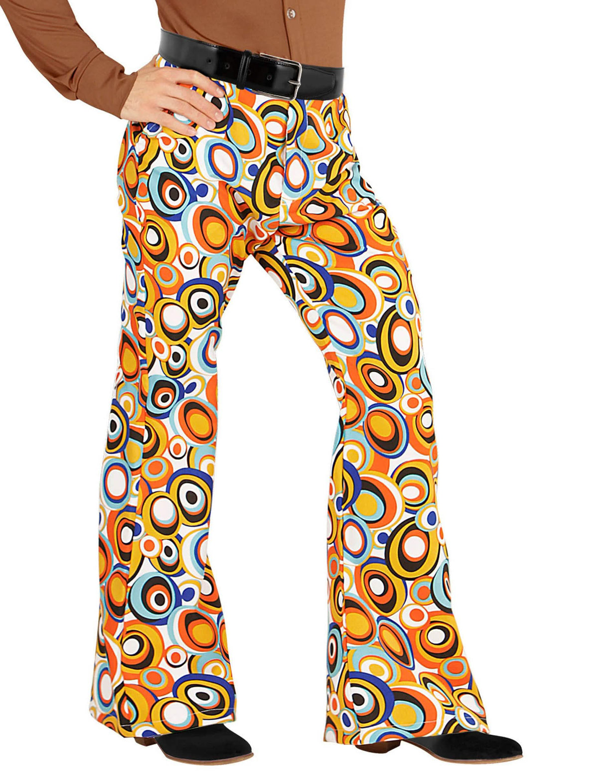 Calças groovy bubbles anos 70 para homem multicores com motivos de círculos