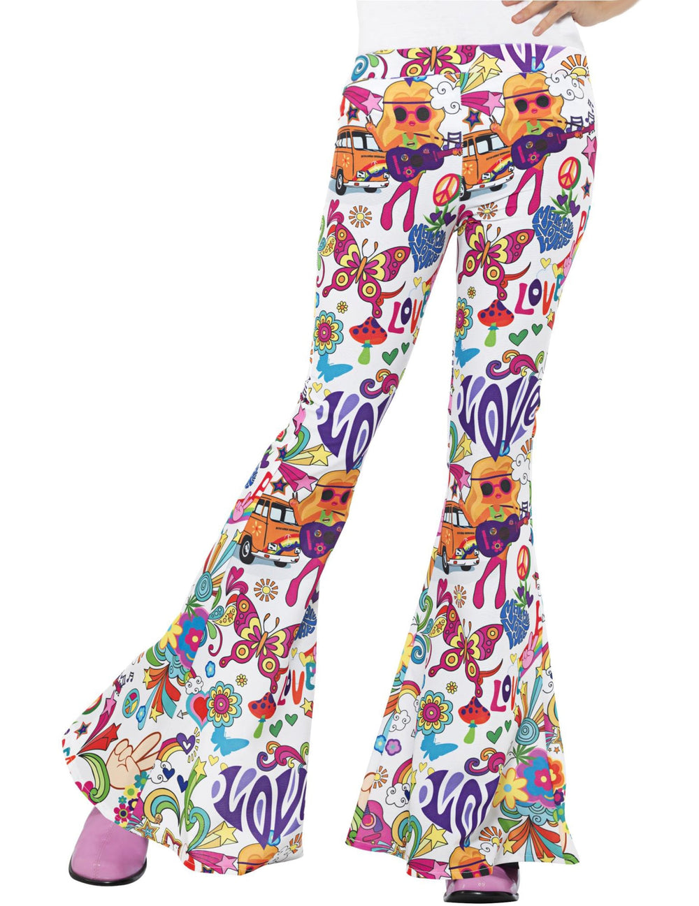 Pantalon hippie années 60 pour femme blanc à pattes d'éléphant et motifs psychédéliques