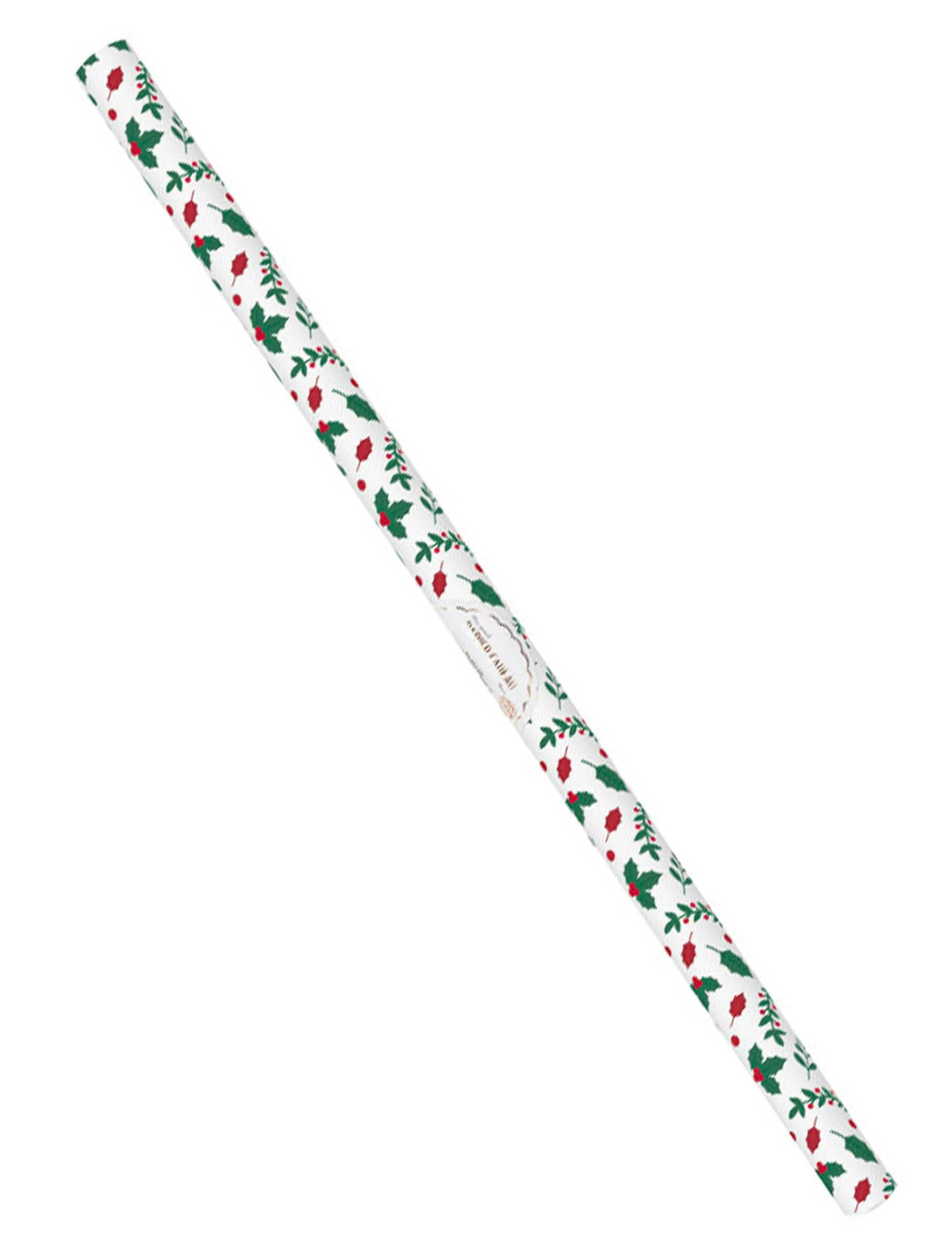 Papier cadeau houx de Noël blanc avec motifs verts et rouges