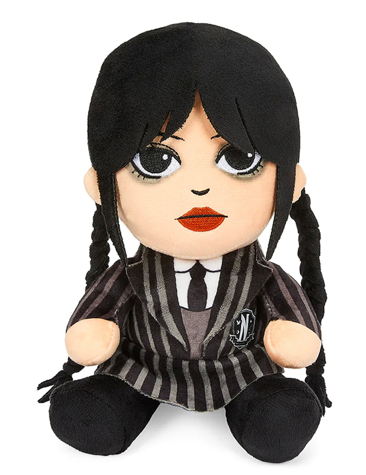 Peluche Mercredi Addams noire et grise avec uniforme rayé et tresses