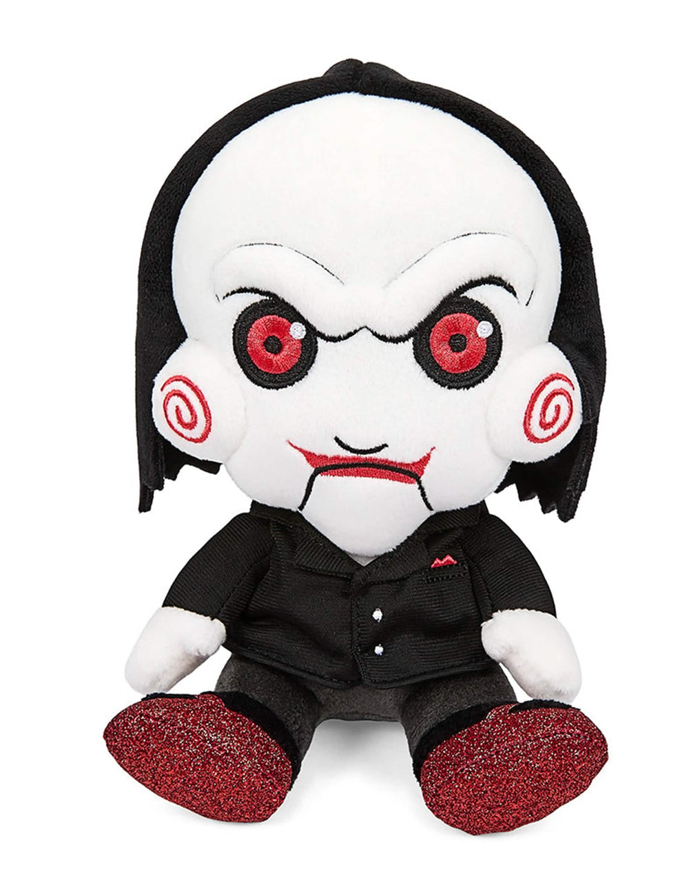 Peluche Saw para criança e adulto black and white com espirais e sapatos vermelhos com lantejoulas