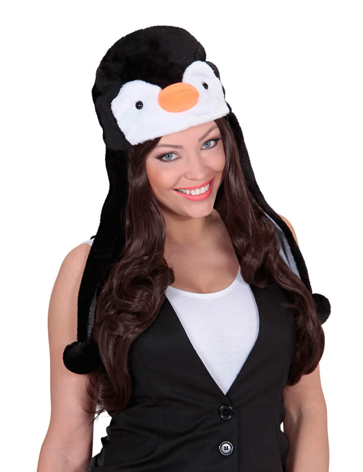 Chapéu pinguim para adulto em peluche preto e branco