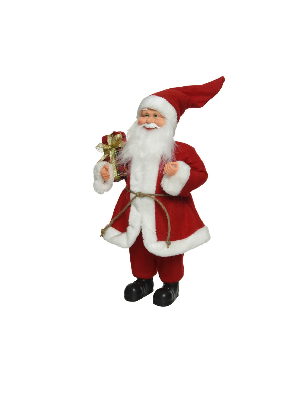 Decoração de pai natal tradicional vermelha e branca com um presente