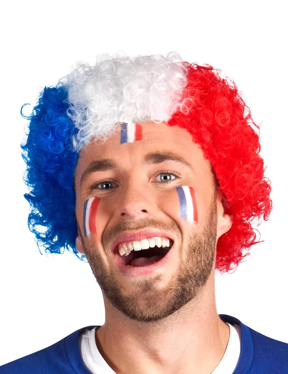 Perruca afro frança para adulto azul branco vermelho