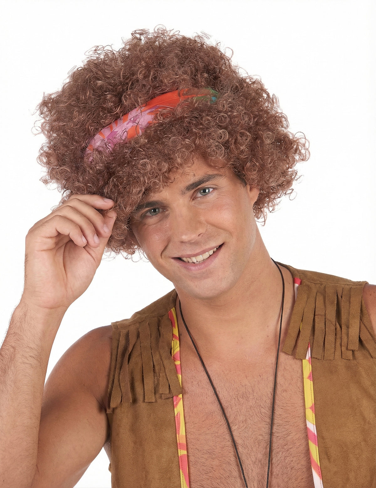 Perruque afro hippie pour homme châtain avec bandeau coloré