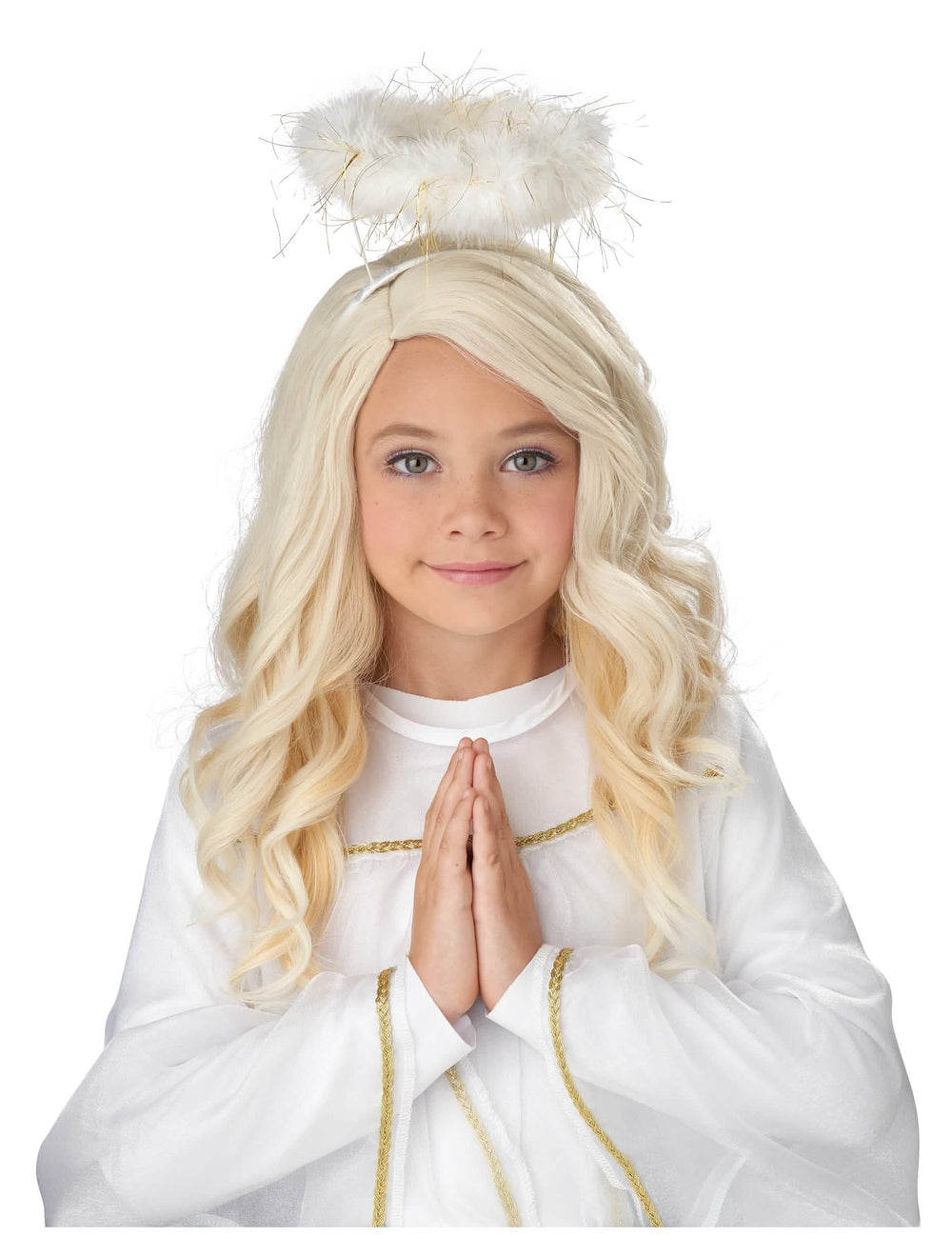 Peruca luxo anjo para menina loira com auréola branca