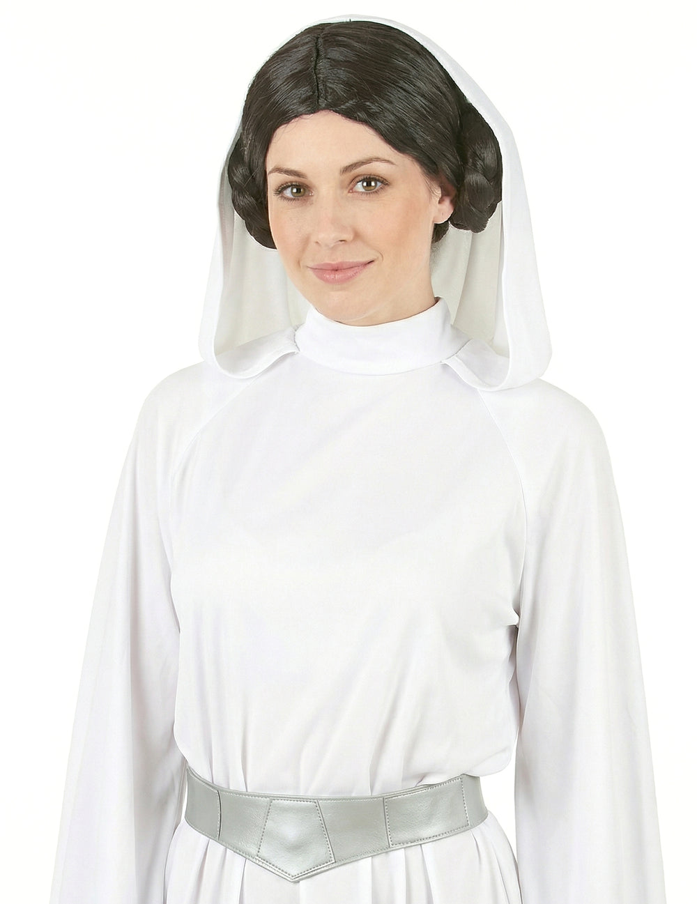 Vue de face avec capuche de la perruque avec chignon pour femme noire