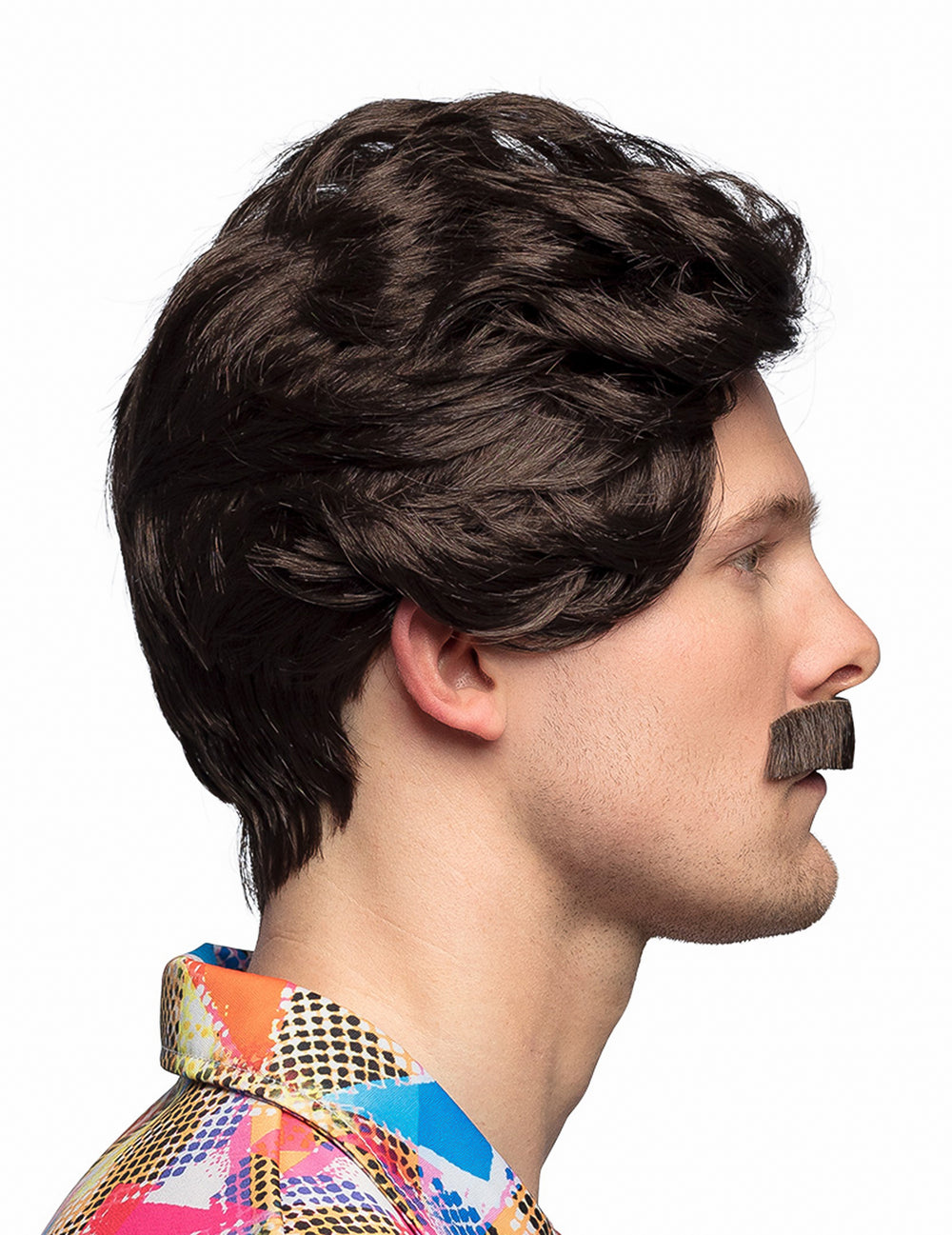 Vue de profil de la perruque avec moustache pour homme