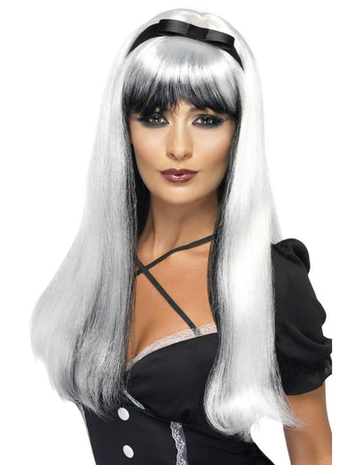 Perruque blanche et noire avec noeud noir pour femme bicolore longue avec frange