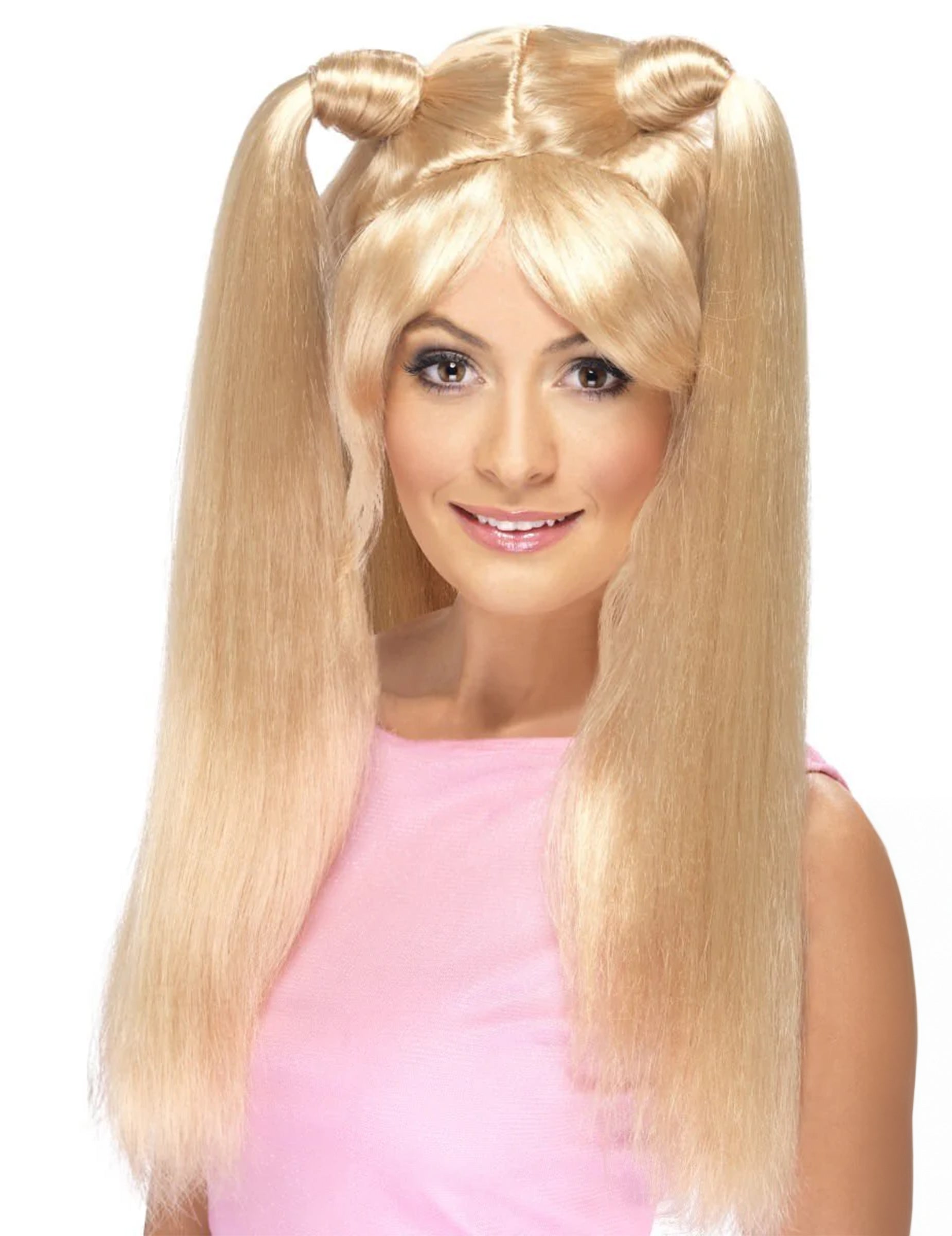 Perruque girls band pour femme blonde avec couettes et chignons