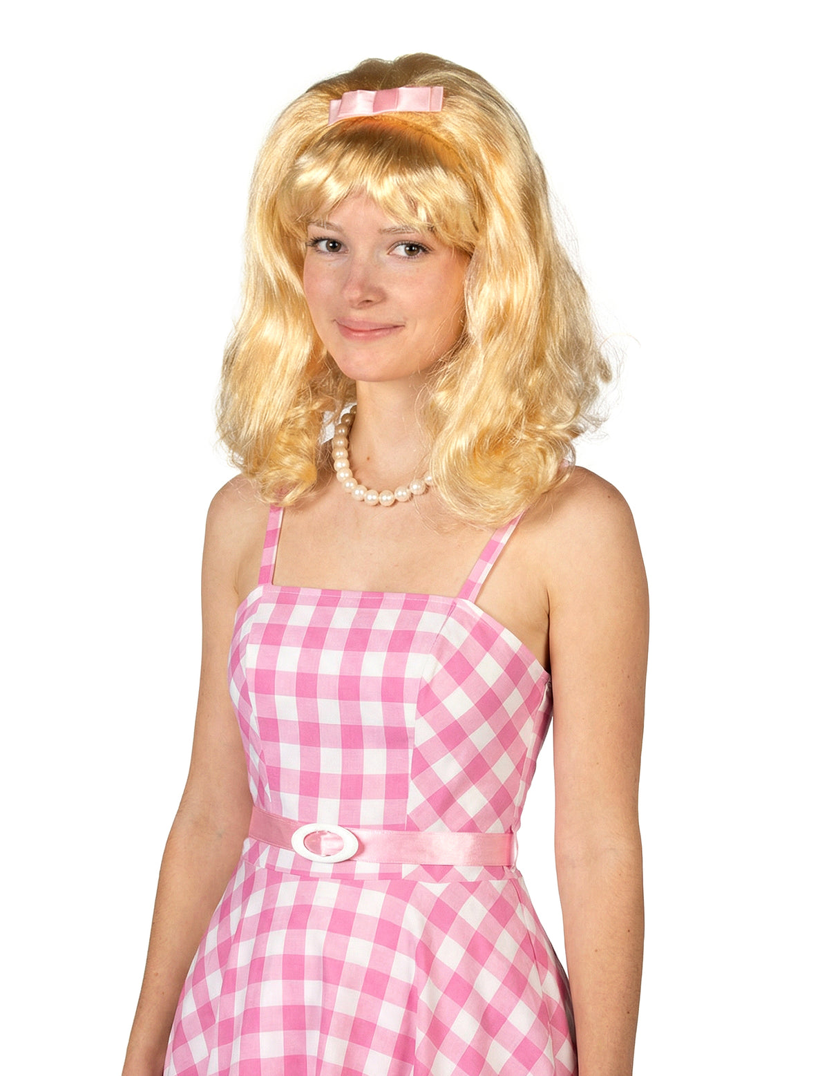 Perruque starlette années 50 pour femme blonde avec nœud rose