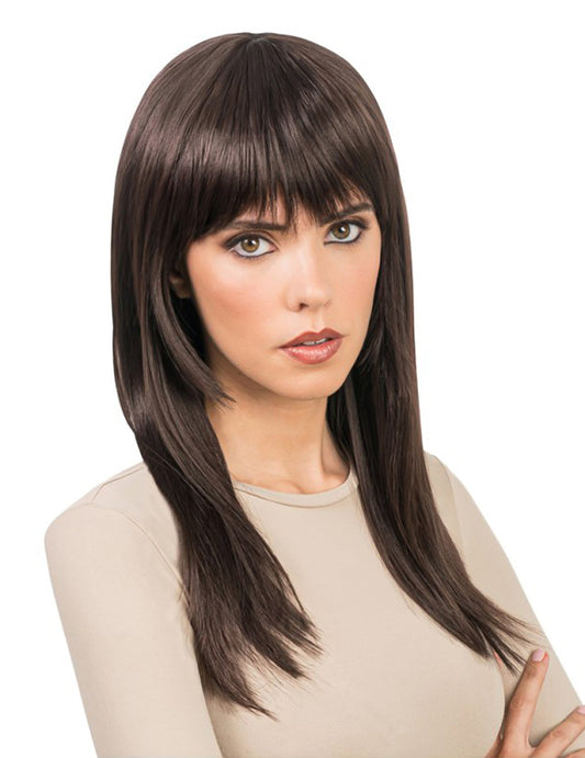 Peruca longa castanha de luxo, penteável, para mulher