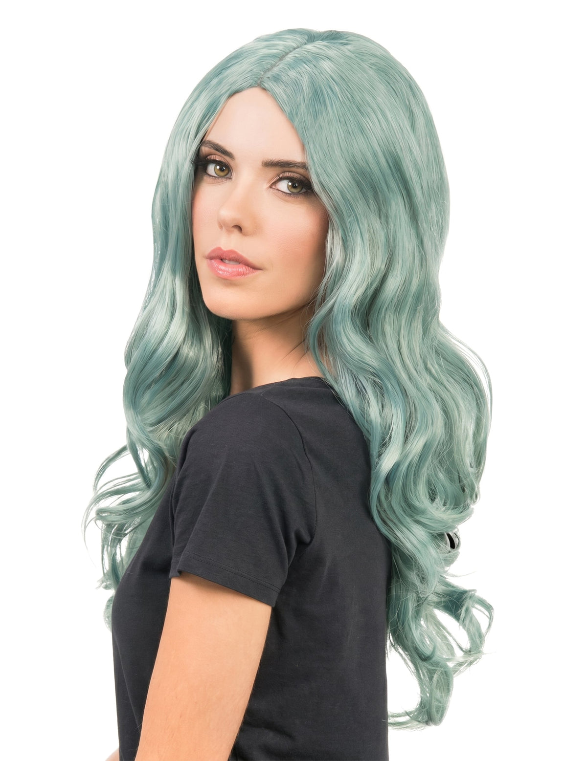 Peruca termorresistente longa ondulada verde luxe para mulher