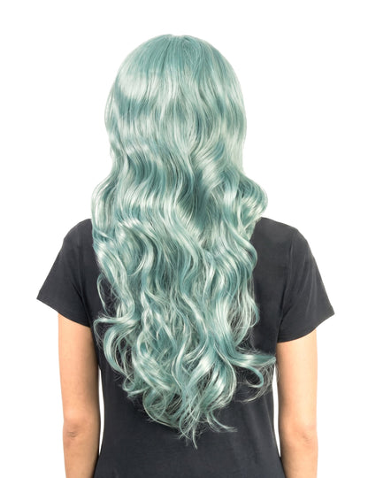 Peruca longa ondulada verde de luxo, penteável, para mulher