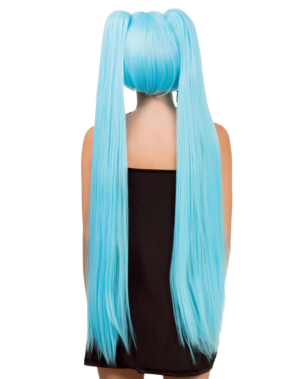 Vue de dos de la perruque cosplay luxe à longues couettes pour adulte
