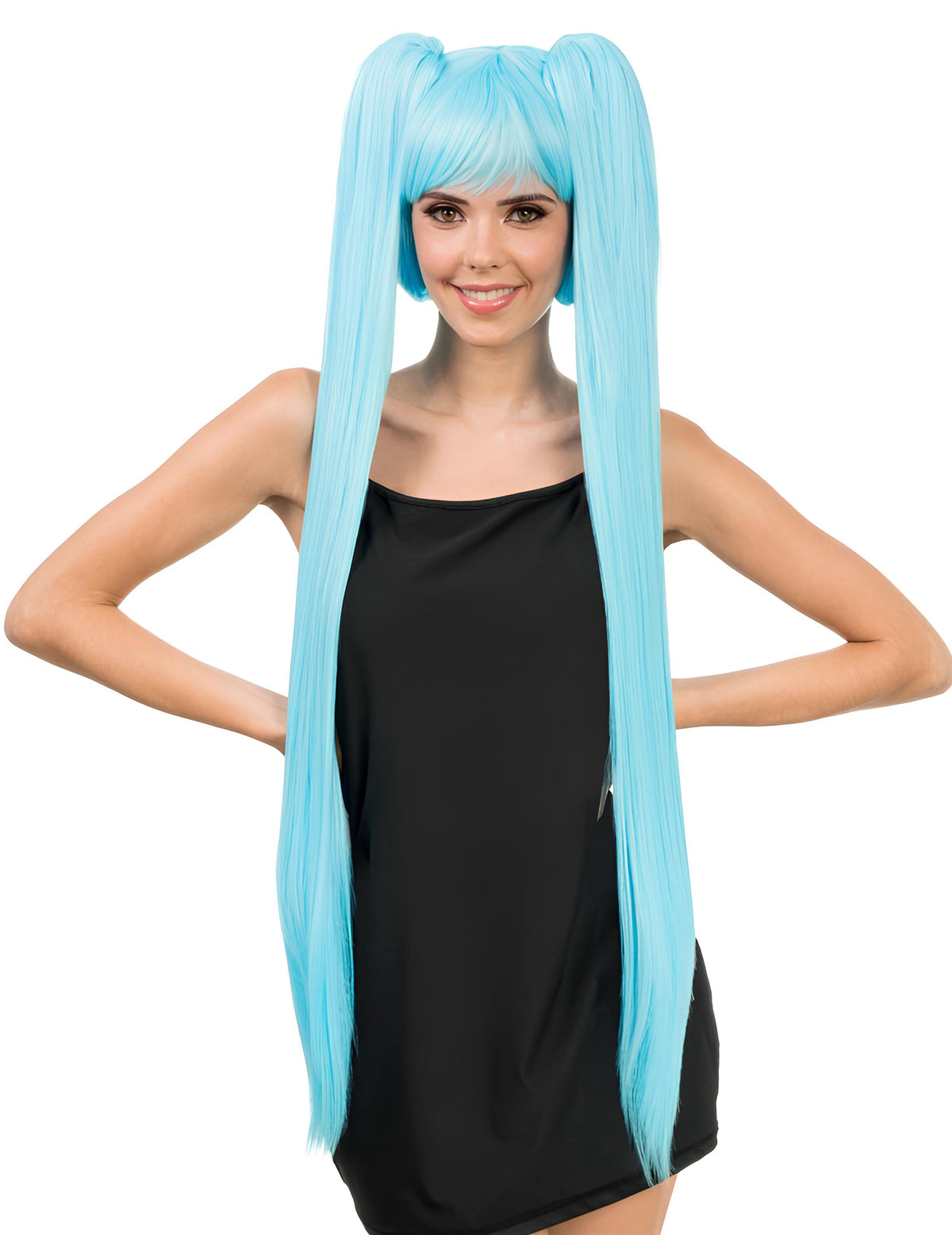 Perruque cosplay luxe à longues couettes pour adulte bleue