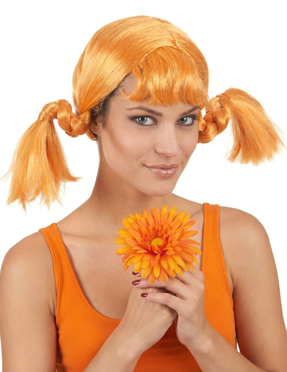 Perruque à couettes pour femme rousse avec frange